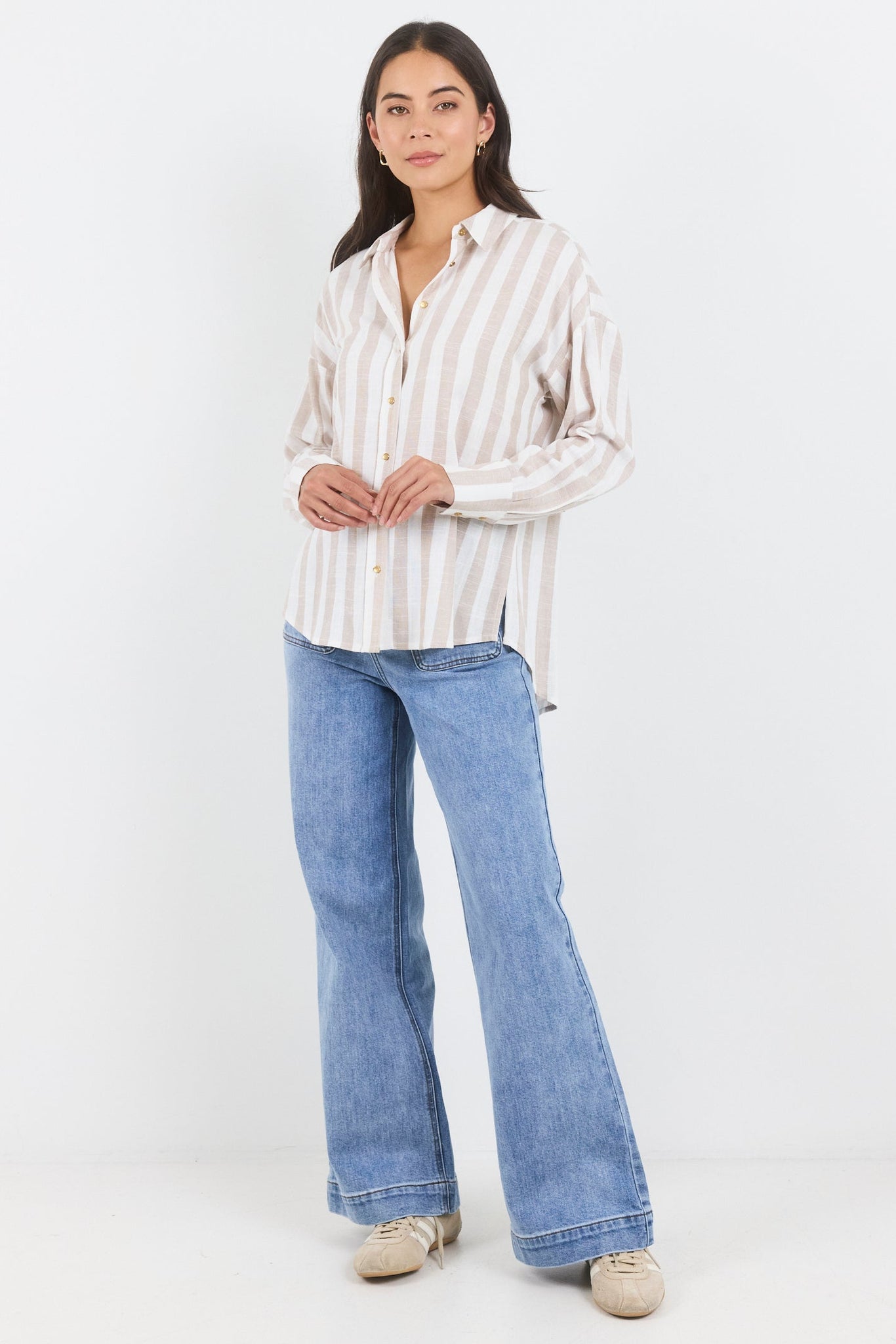 BY ROSA REVEAL STRIPE TIE BACK SHIRT