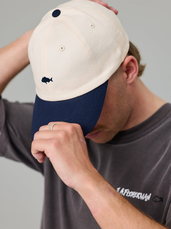 JUST ANOTHER FISHERMAN STAMP TILLER CAP WHITE/NAVY
