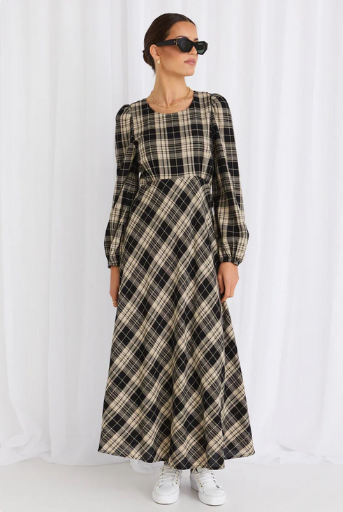 STORIES BE TOLD CASPIAN CHECK LS BIAS MAXI DRESS