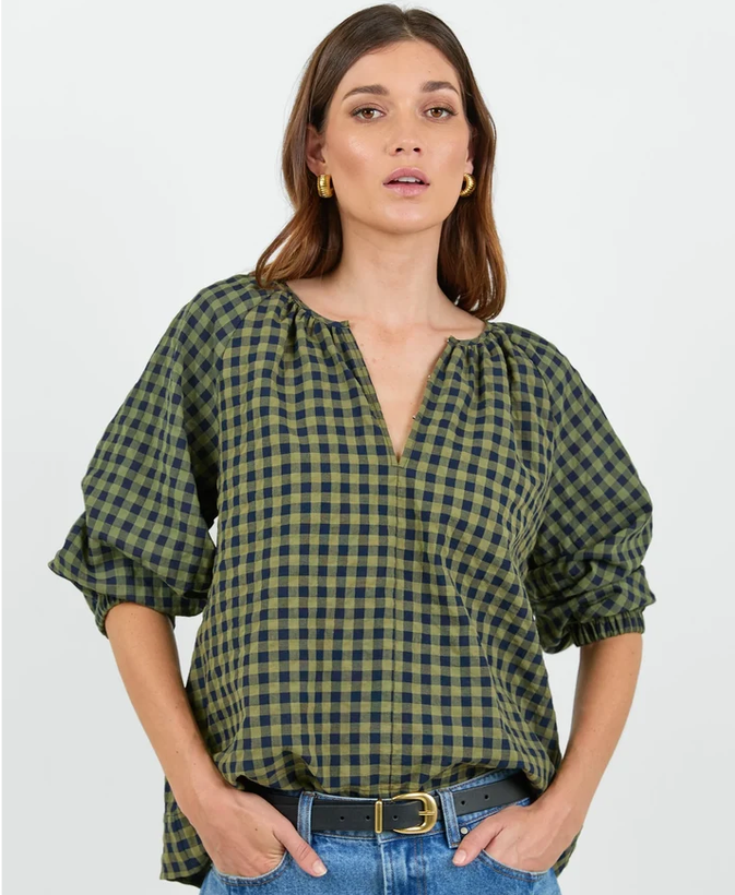 RE:UNION REVOLUTIONARY GINGHAM LINEN RELAXED LS TOP
