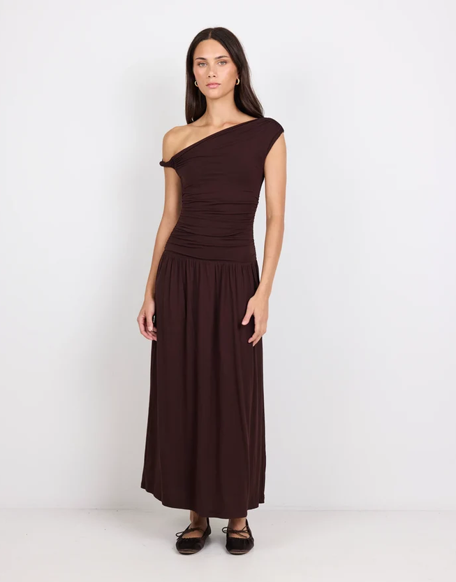 GEORGIA ZOE VANGUARD OFF THE SHOULDER RUCHED MAXI DRESS