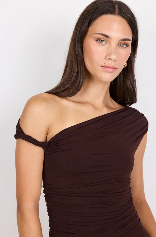 GEORGIA ZOE VANGUARD OFF THE SHOULDER RUCHED MAXI DRESS