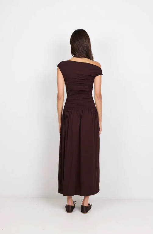GEORGIA ZOE VANGUARD OFF THE SHOULDER RUCHED MAXI DRESS