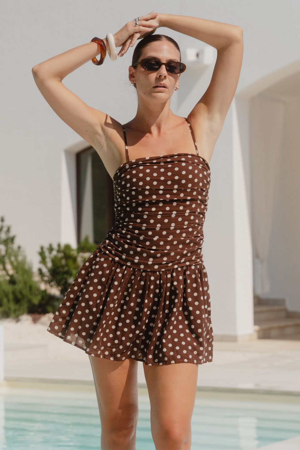 AMONG THE BRAVE FLORENTINE POLKA DOT STRAPLESS MINI DRESS