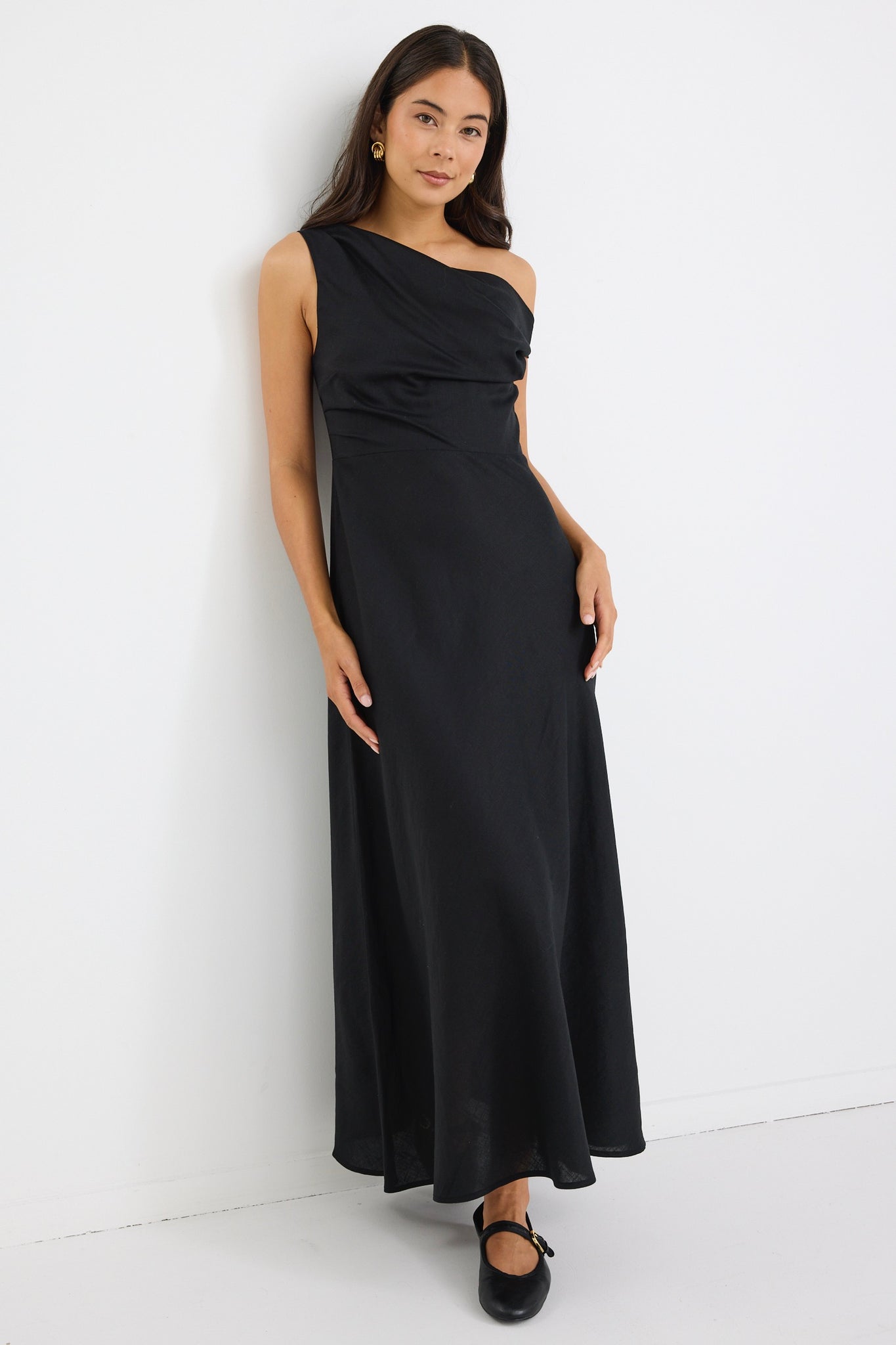 STORIES BE TOLD SPOTLIGHT LINEN BLEND OFF SHOULDER FLARE MIDI DRESS