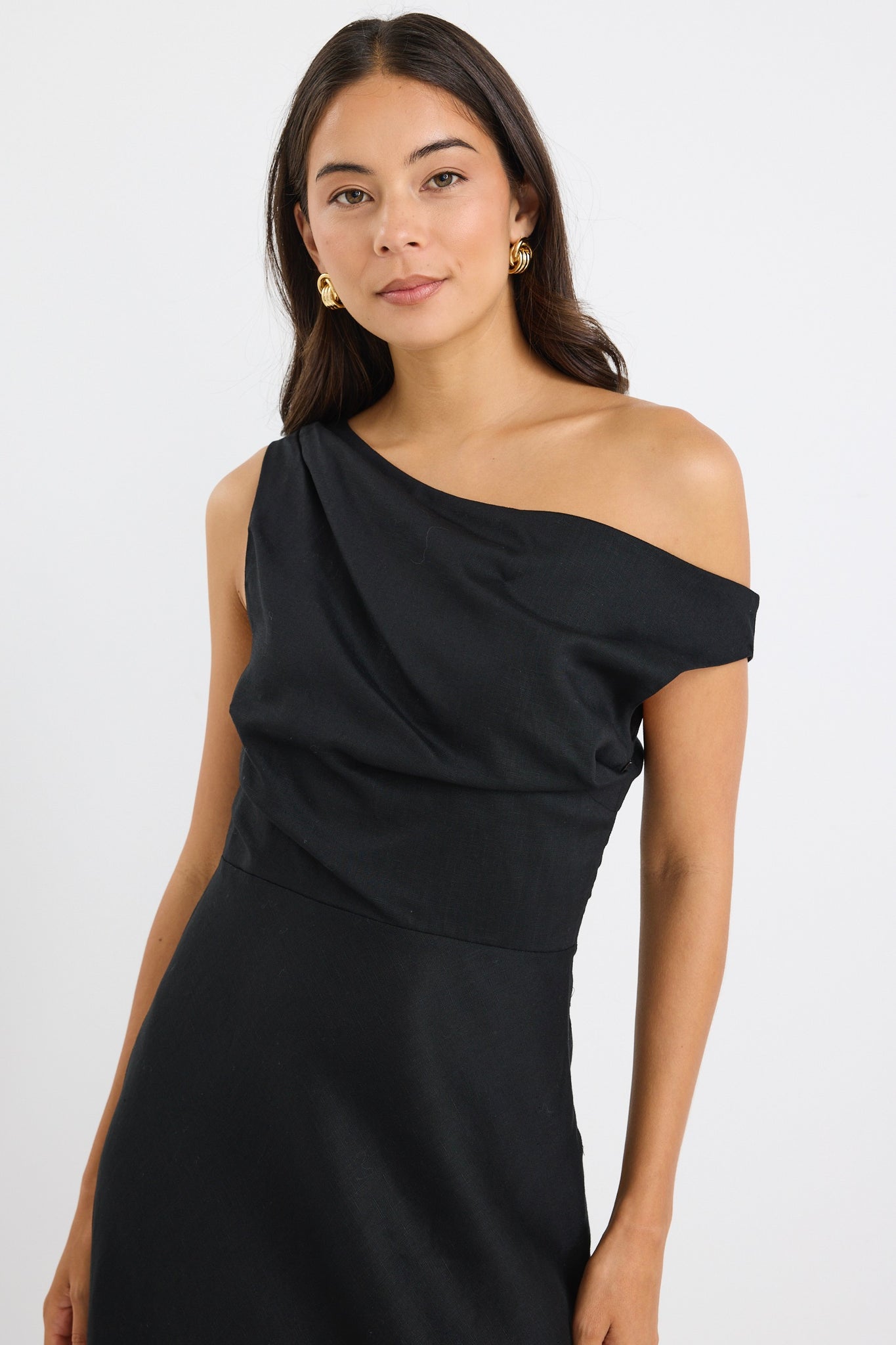STORIES BE TOLD SPOTLIGHT LINEN BLEND OFF SHOULDER FLARE MIDI DRESS