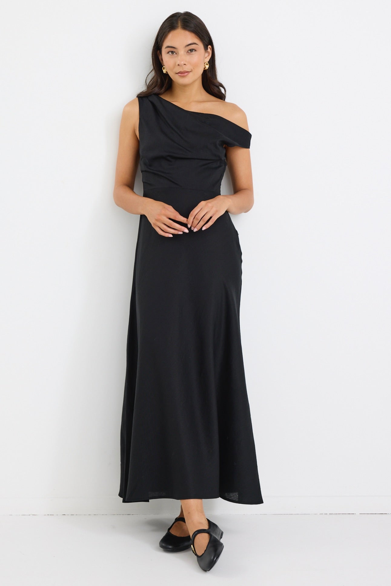 STORIES BE TOLD SPOTLIGHT LINEN BLEND OFF SHOULDER FLARE MIDI DRESS