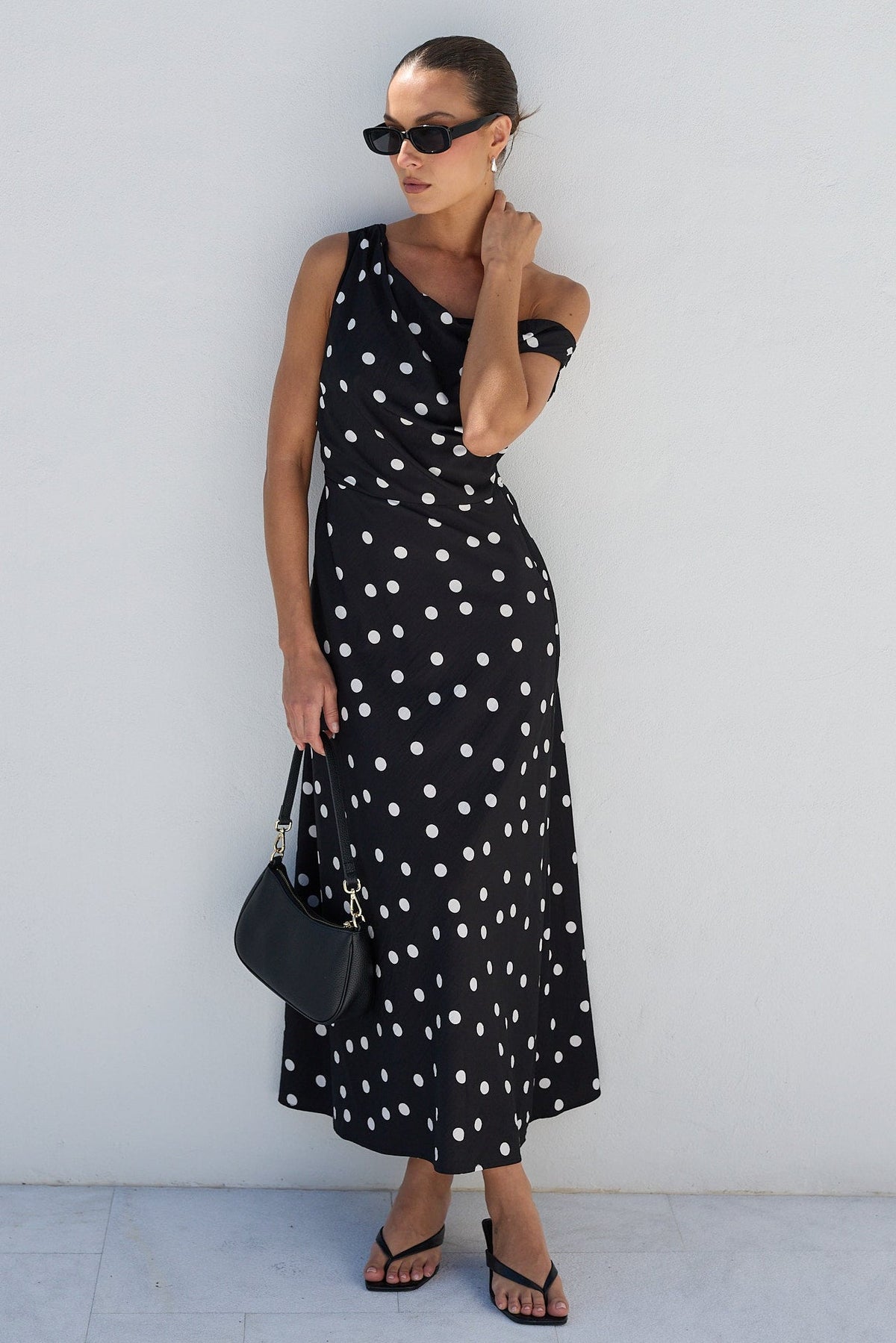 STORIES BE TOLD SPOTLIGHT POLKA DOT OFF SHOULDER FLARE MIDI DRESS