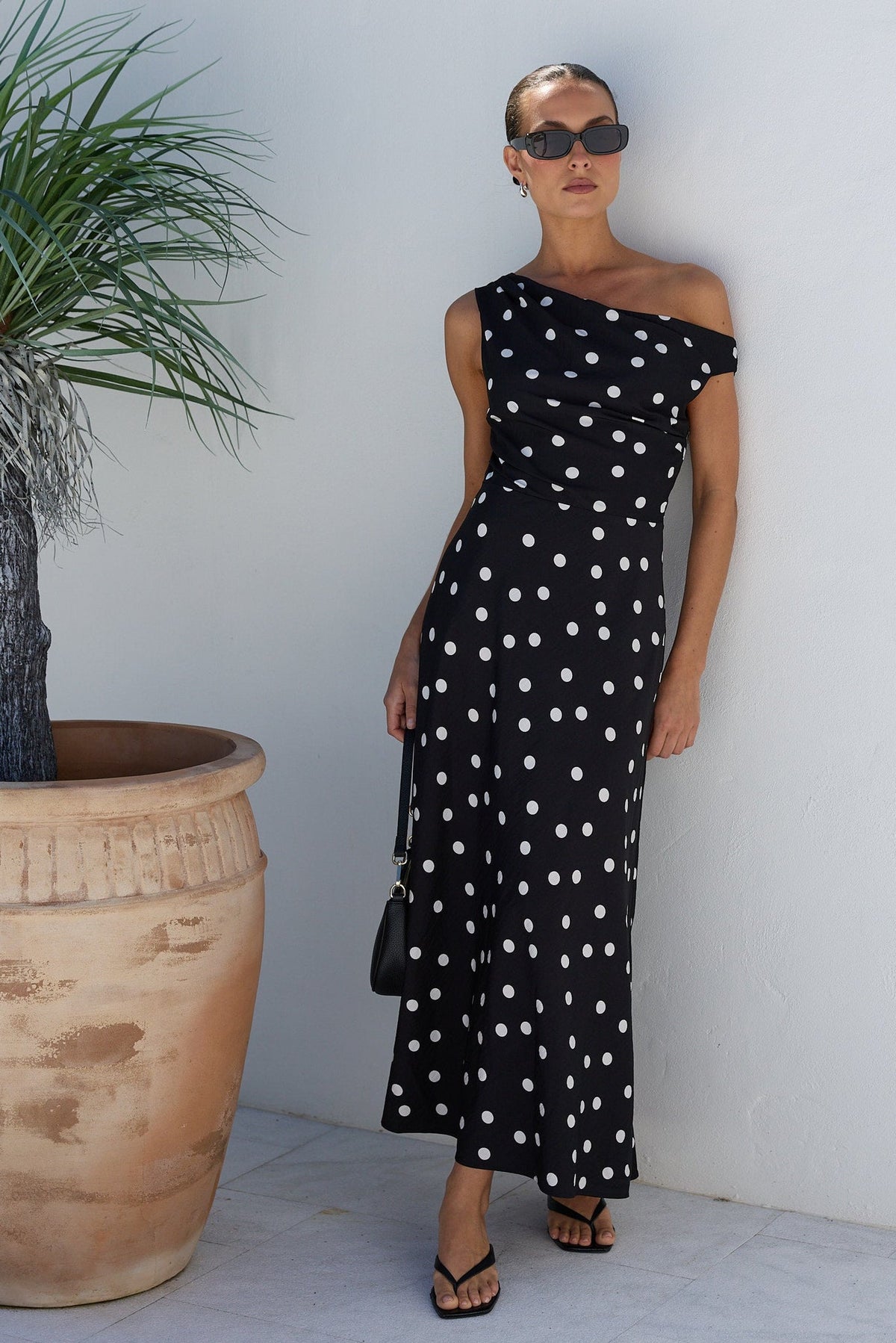 STORIES BE TOLD SPOTLIGHT POLKA DOT OFF SHOULDER FLARE MIDI DRESS