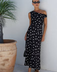 STORIES BE TOLD SPOTLIGHT POLKA DOT OFF SHOULDER FLARE MIDI DRESS