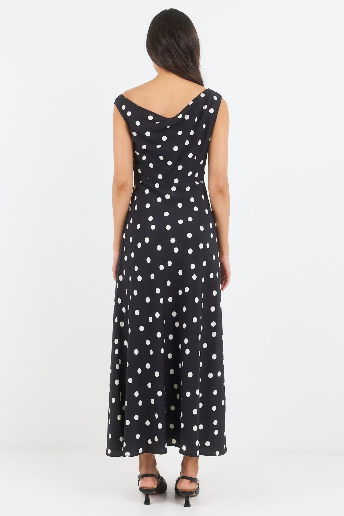 STORIES BE TOLD SPOTLIGHT POLKA DOT OFF SHOULDER FLARE MIDI DRESS
