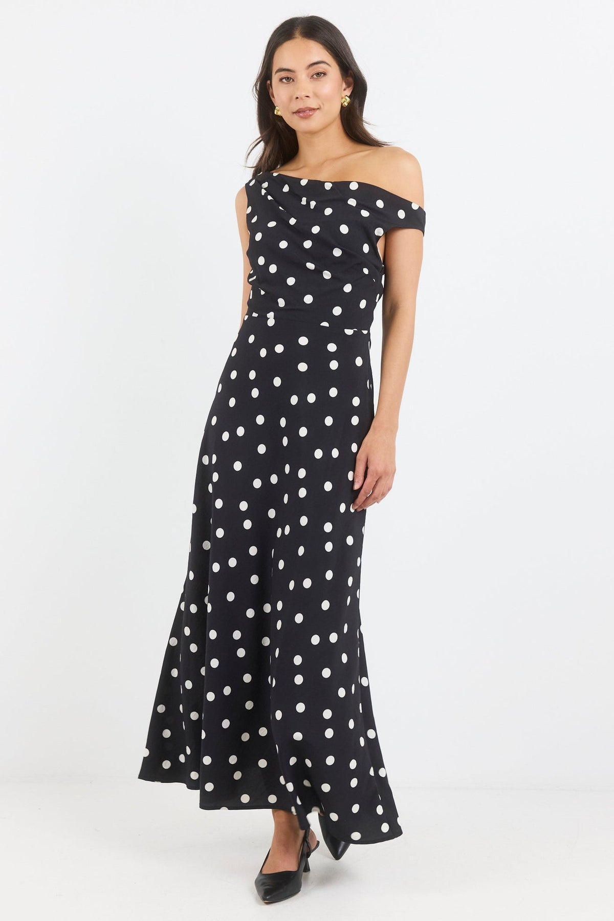 STORIES BE TOLD SPOTLIGHT POLKA DOT OFF SHOULDER FLARE MIDI DRESS
