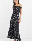 STORIES BE TOLD SPOTLIGHT POLKA DOT OFF SHOULDER FLARE MIDI DRESS