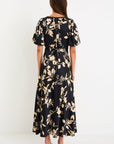 STORIES BE TOLD STAGE BEIGE FLORAL SATIN PUIFF SLEEVE SATIN FLOATY MAXI DRESS