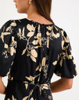 STORIES BE TOLD STAGE BEIGE FLORAL SATIN PUIFF SLEEVE SATIN FLOATY MAXI DRESS
