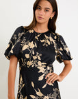 STORIES BE TOLD STAGE BEIGE FLORAL SATIN PUIFF SLEEVE SATIN FLOATY MAXI DRESS