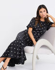 STORIES BE TOLD STAGE POLKA DOT PUFF SLEEVE FLOATY MAXI DRESS