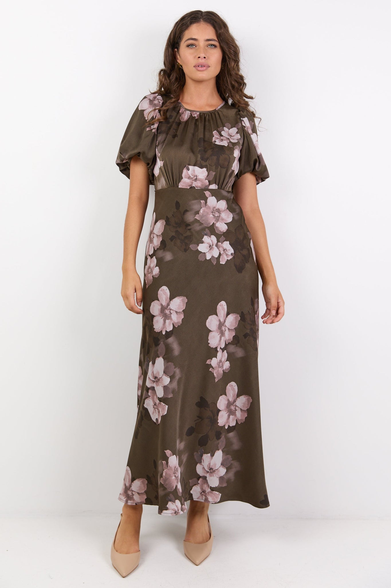 STORIES BE TOLD STAGE BLOSSOM SATIN PUFF SLEEVE FLOATY MAXI DRESS
