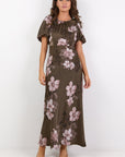 STORIES BE TOLD STAGE BLOSSOM SATIN PUFF SLEEVE FLOATY MAXI DRESS