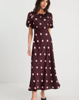 STORIES BE TOLD STAGE POLKA DOTT PUFF SLEEVE SATIN FLOATY MAXI DRESS
