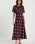 STORIES BE TOLD STAGE POLKA DOTT PUFF SLEEVE SATIN FLOATY MAXI DRESS