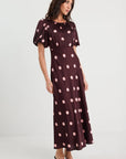 STORIES BE TOLD STAGE POLKA DOTT PUFF SLEEVE SATIN FLOATY MAXI DRESS