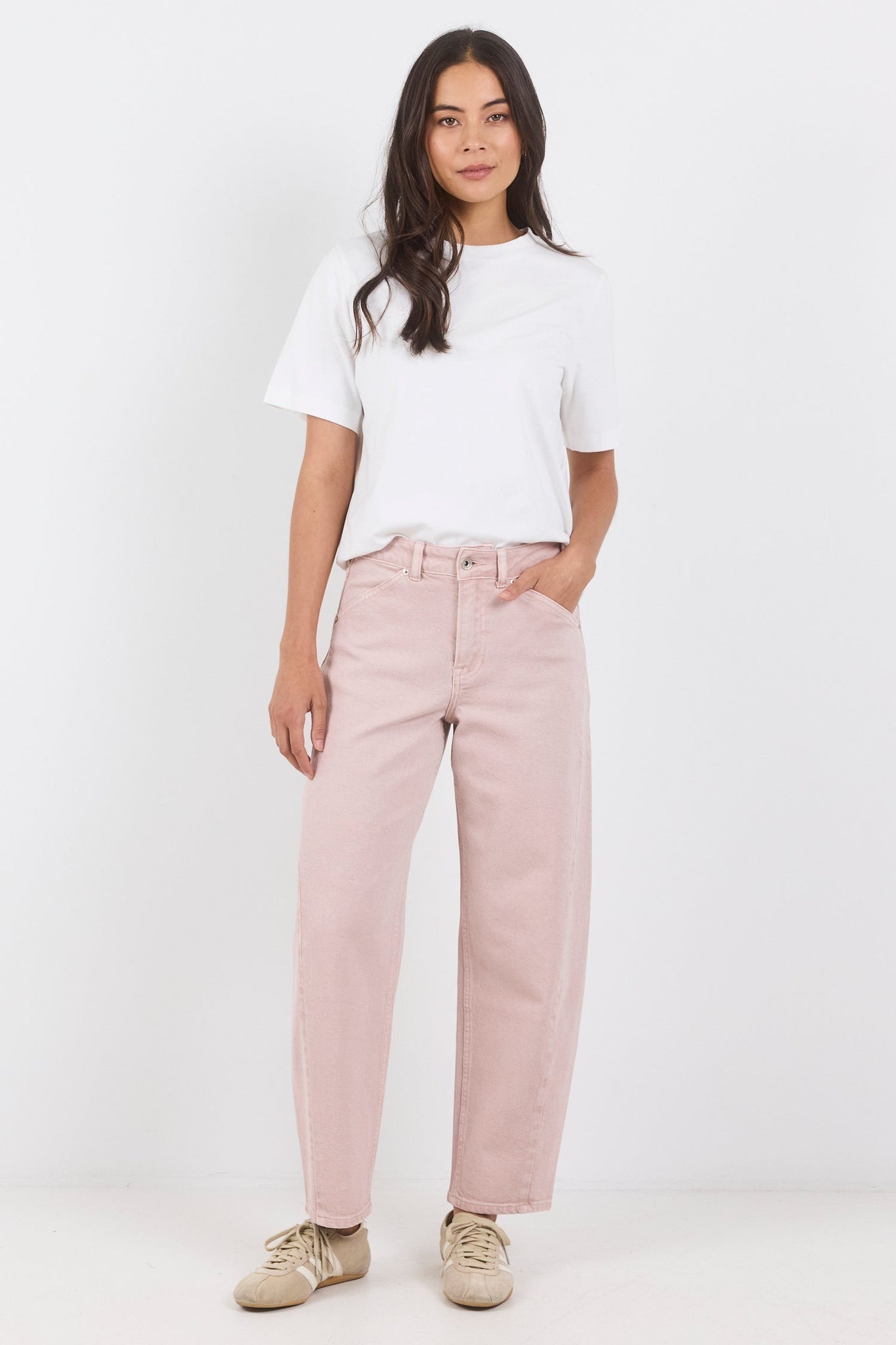 STORIES BE TOLD IDOLISE PALE PINK STRETCH SOFT BARREL JEAN