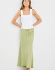 AMONG THE BRAVE SUMMIT MOSS LINEN TIE WAIST BIAS MAXI DRESS