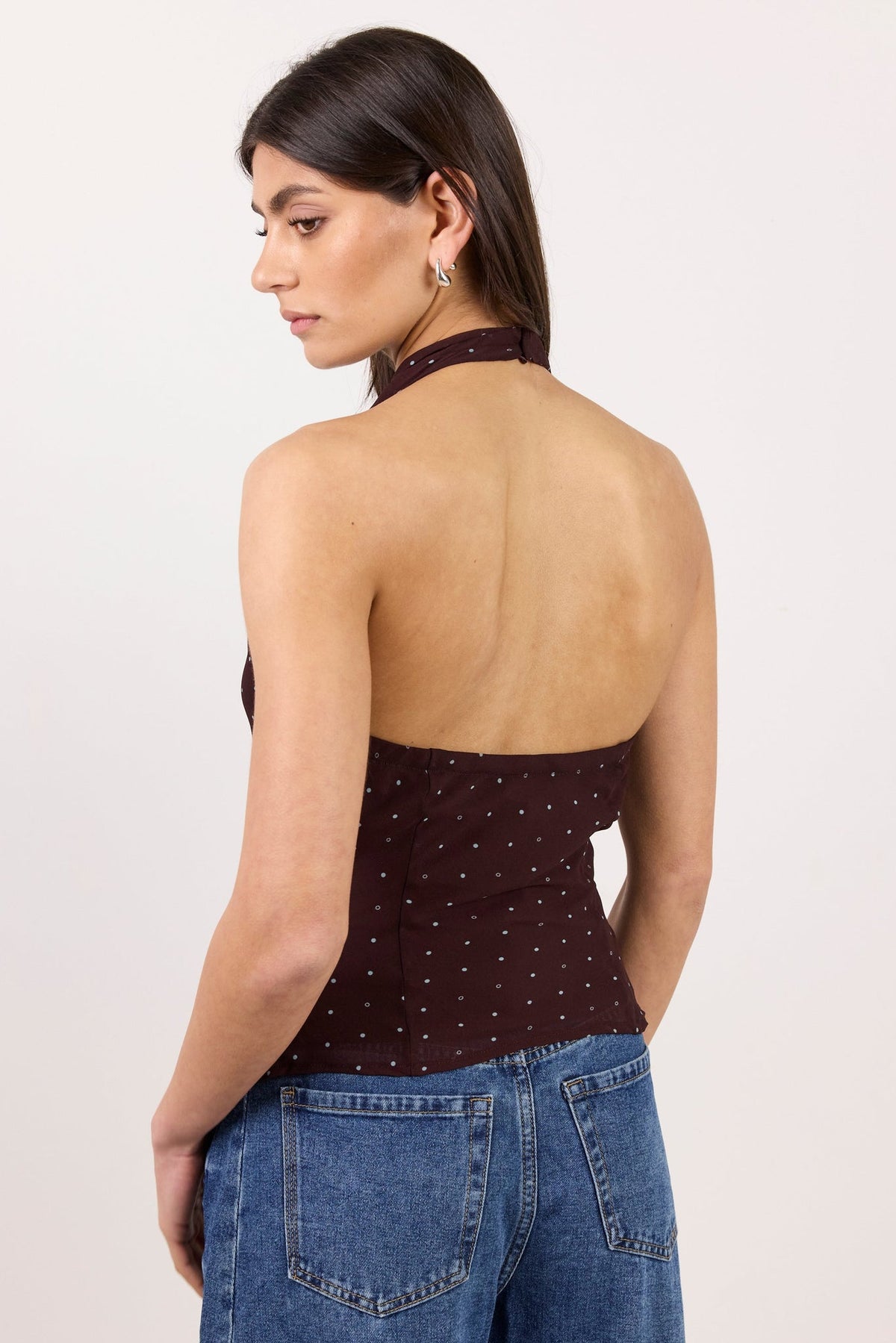 GEORGIA ZOE SURGE BLUE POLKA DOT GEORGETTE HALTER COWL NECK TOP