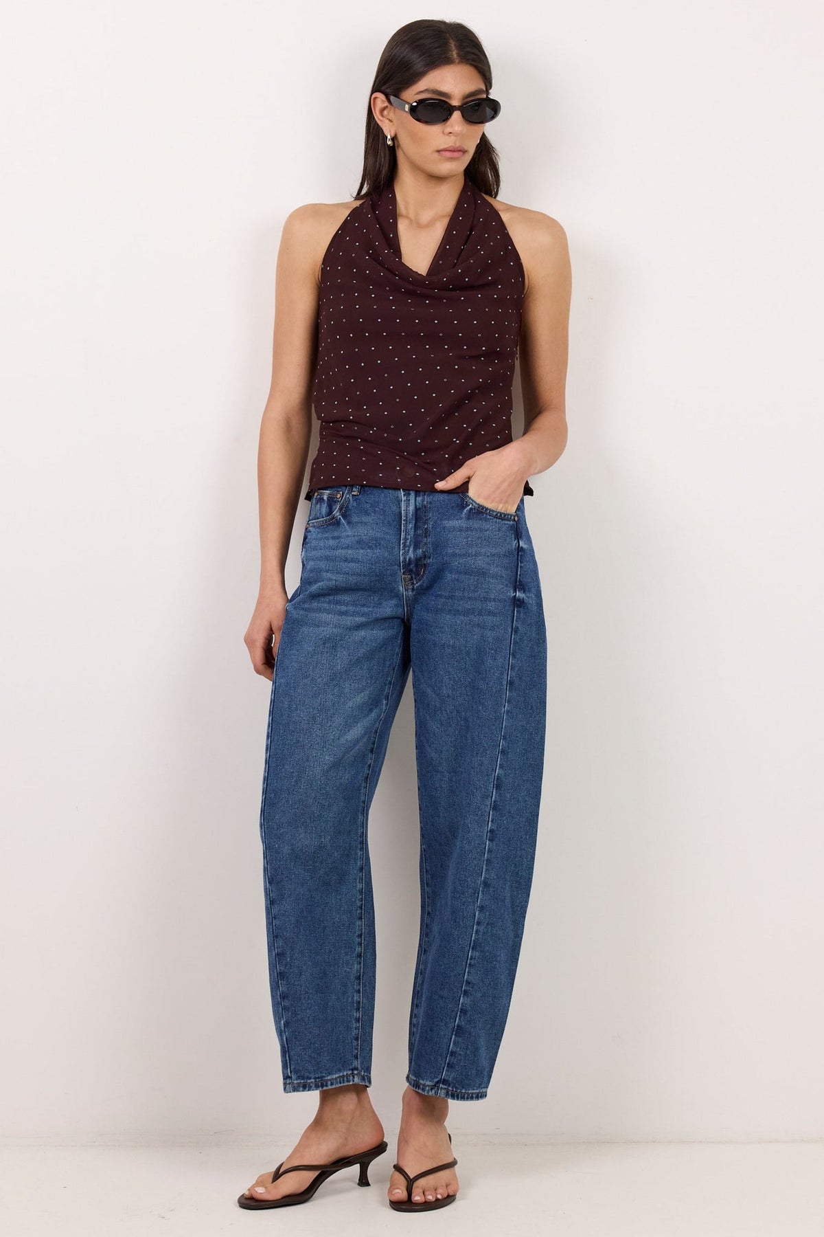 GEORGIA ZOE SURGE BLUE POLKA DOT GEORGETTE HALTER COWL NECK TOP