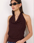 GEORGIA ZOE SURGE BLUE POLKA DOT GEORGETTE HALTER COWL NECK TOP