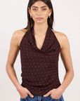 GEORGIA ZOE SURGE BLUE POLKA DOT GEORGETTE HALTER COWL NECK TOP