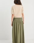 RE:UNION BYRON OLIVE LINEN SHIRRED WAIST MAXI SKIRT
