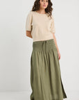 RE:UNION BYRON OLIVE LINEN SHIRRED WAIST MAXI SKIRT
