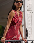 IVY + JACK TUCK PEONY SLEEVELESS PLEAT FRONT MAXI DRESS