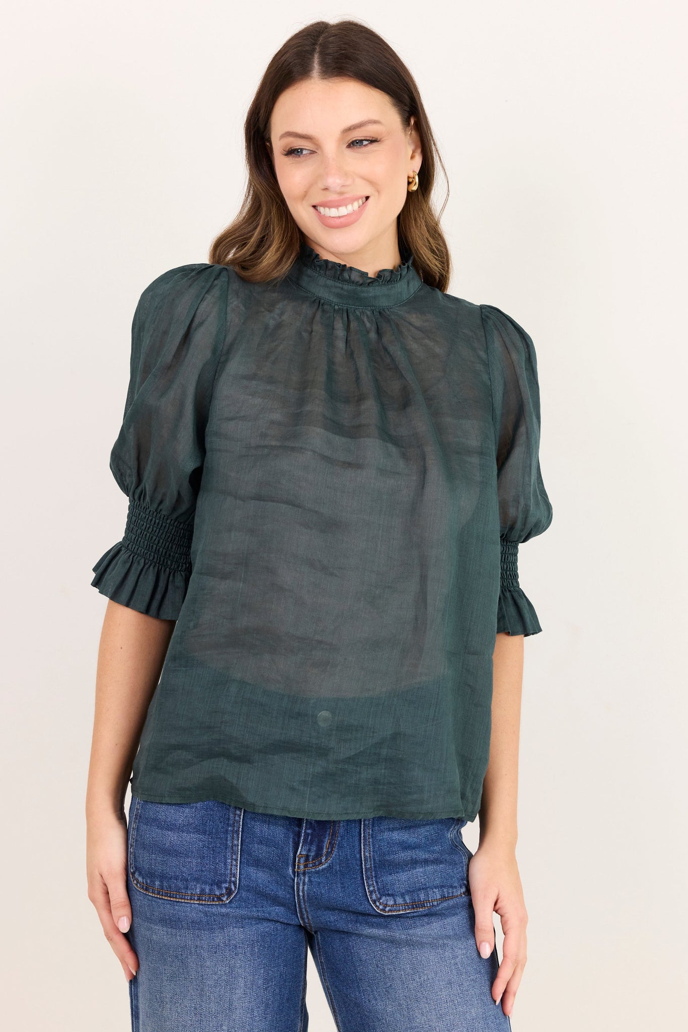BY ROSA VERSE SHEER HIGH NECK SHORT SLEEVE TOP