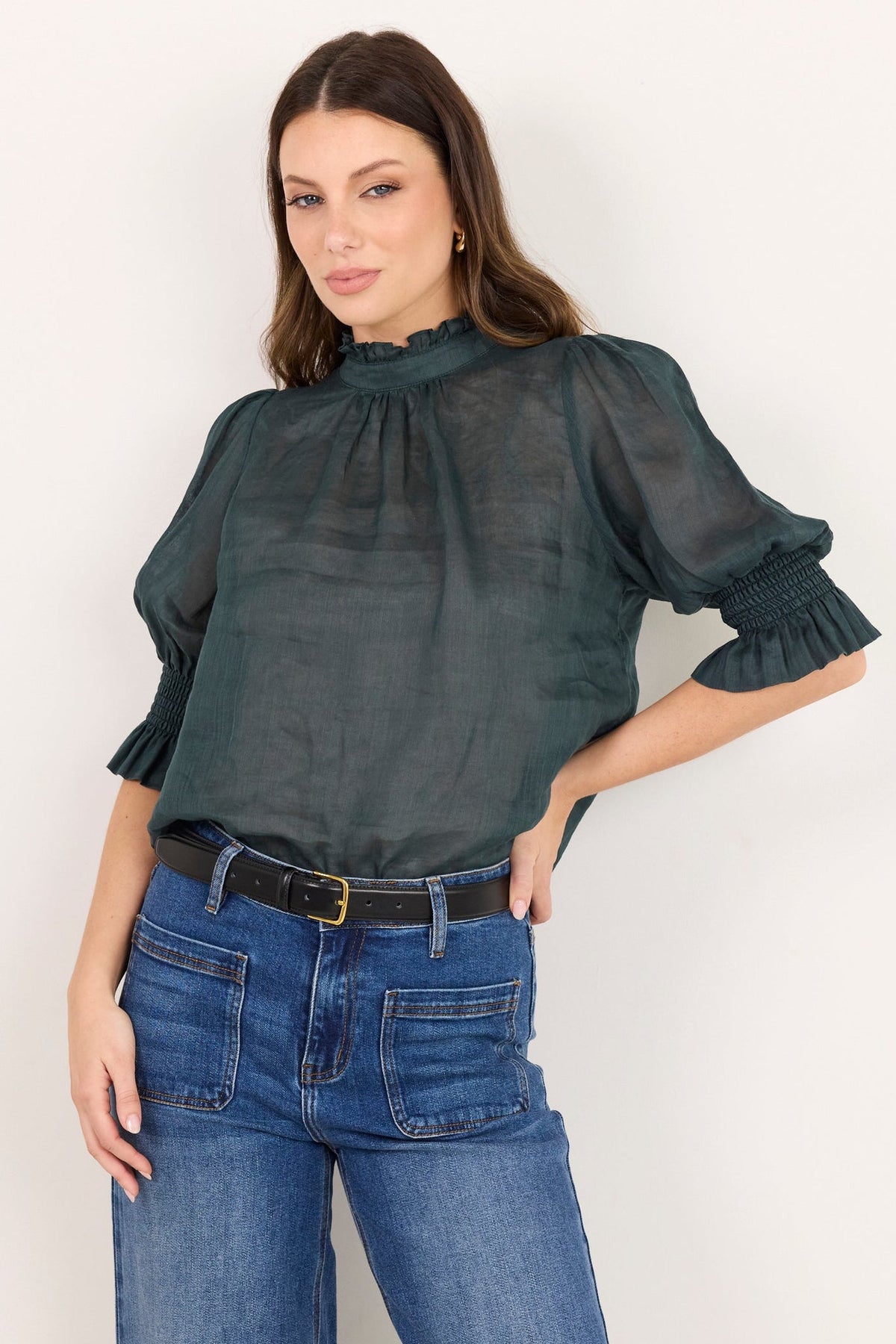 BY ROSA VERSE SHEER HIGH NECK SHORT SLEEVE TOP