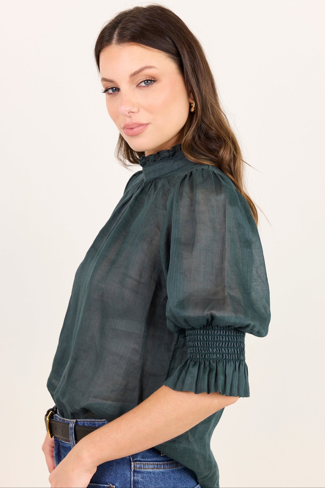 BY ROSA VERSE SHEER HIGH NECK SHORT SLEEVE TOP