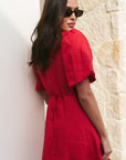 AMONG THE BRAVE ADELAIDE CHERRY LINEN PUFF SLEEVE PANELLED MINI DRESS