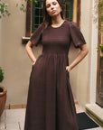 RE:UNION WREN LINEN BLEND SHORT SLEEVE SHIRRED BODICE MIDI DRESS