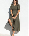 RE:UNION WREN SS SHIRRED BODICE MIDI DRESS