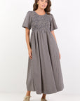 WREN MINI GINGHAM COTTON SHORT SLEEVE SHIRRED BODICE MIDI DRESS