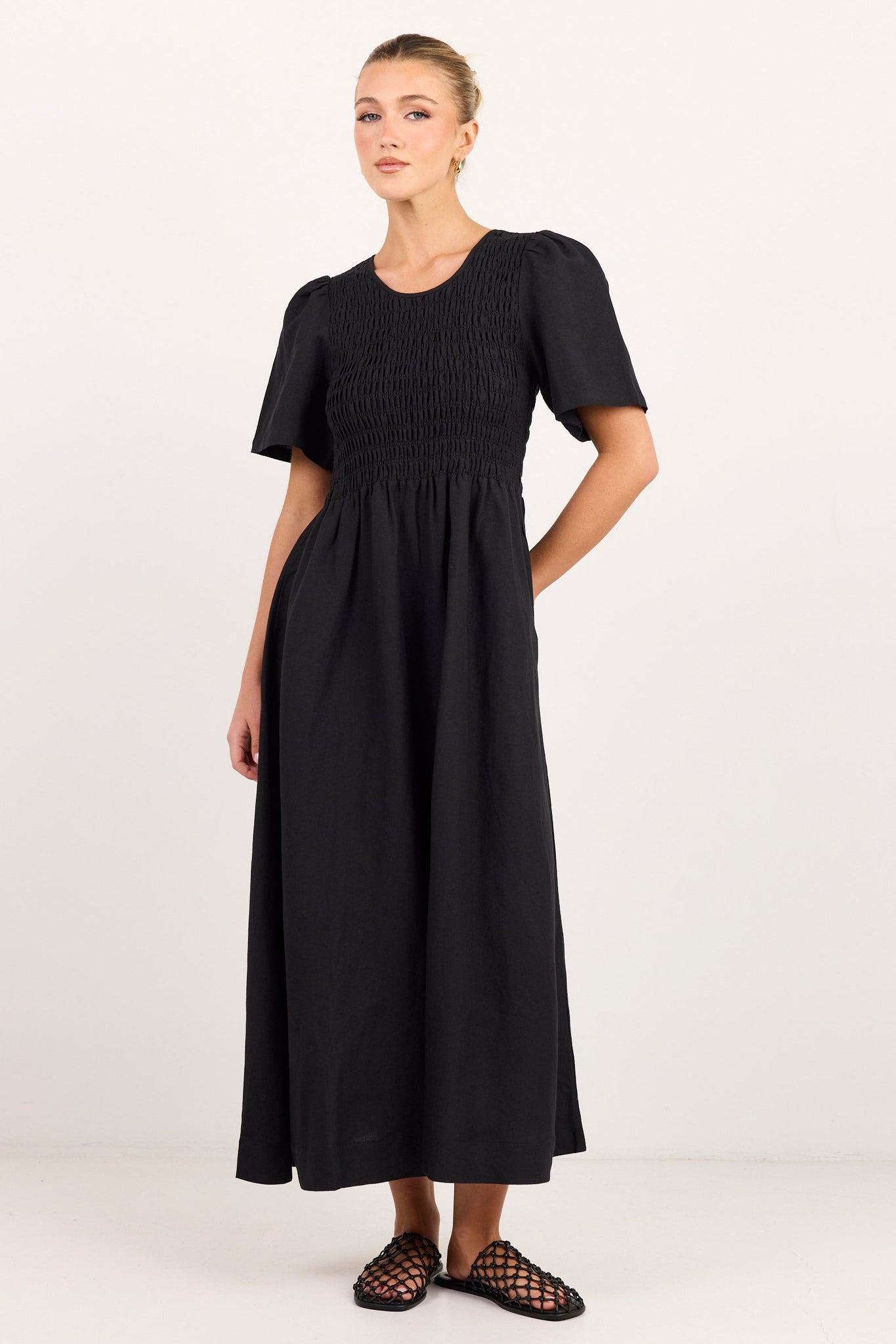 RE:UNION WREN LINEN BLEND SS SHIRRED BODICE MIDI DRESS