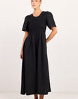 RE:UNION WREN LINEN BLEND SS SHIRRED BODICE MIDI DRESS