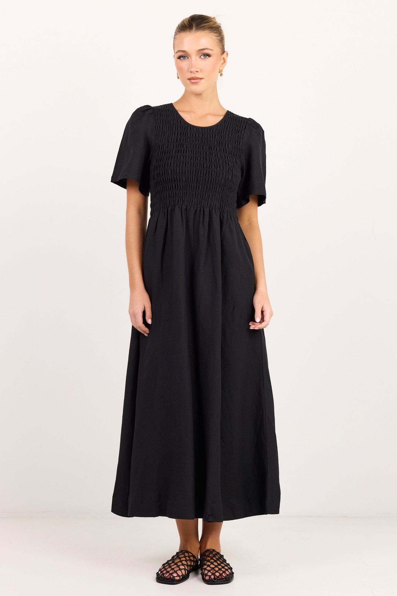 RE:UNION WREN LINEN BLEND SS SHIRRED BODICE MIDI DRESS