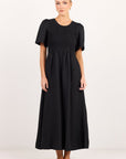 RE:UNION WREN LINEN BLEND SS SHIRRED BODICE MIDI DRESS