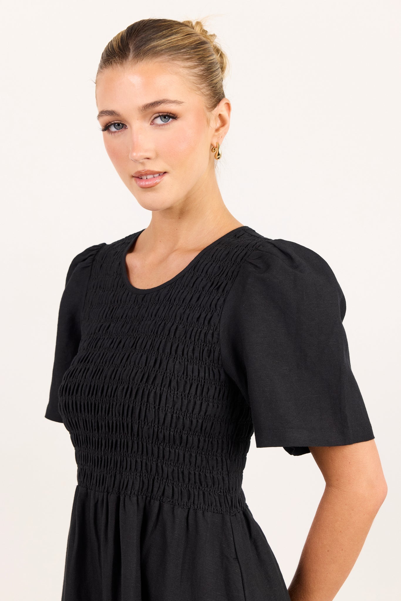 RE:UNION WREN LINEN BLEND SS SHIRRED BODICE MIDI DRESS