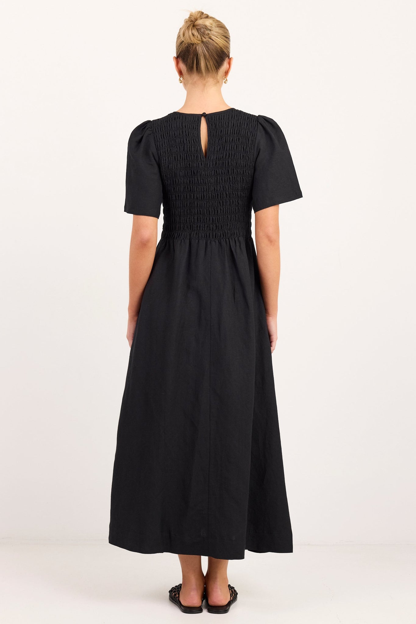 RE:UNION WREN LINEN BLEND SS SHIRRED BODICE MIDI DRESS