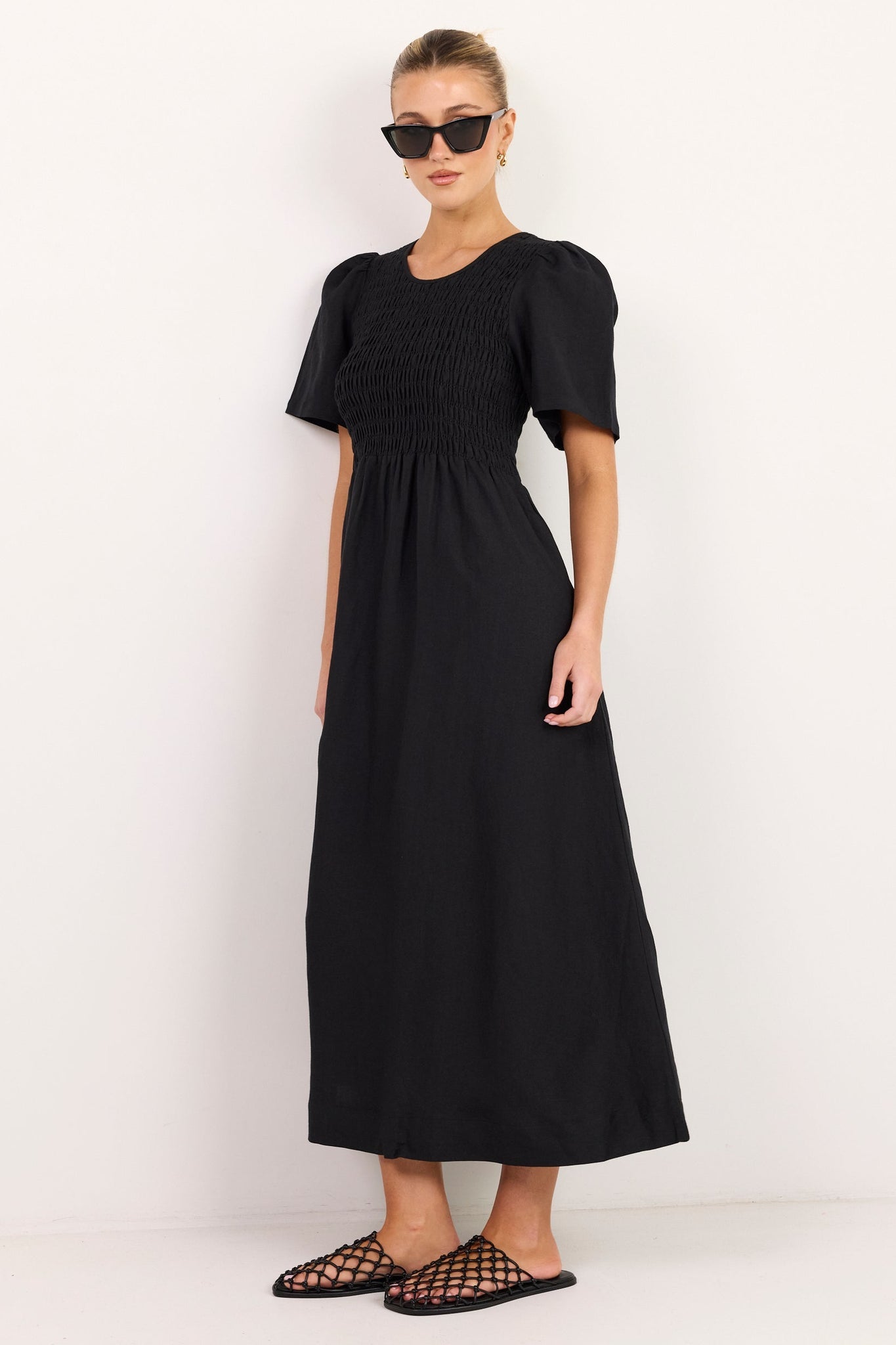 RE:UNION WREN LINEN BLEND SS SHIRRED BODICE MIDI DRESS