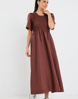RE:UNION WREN LINEN BLEND SS SHIRRED BODICE MIDI DRESS